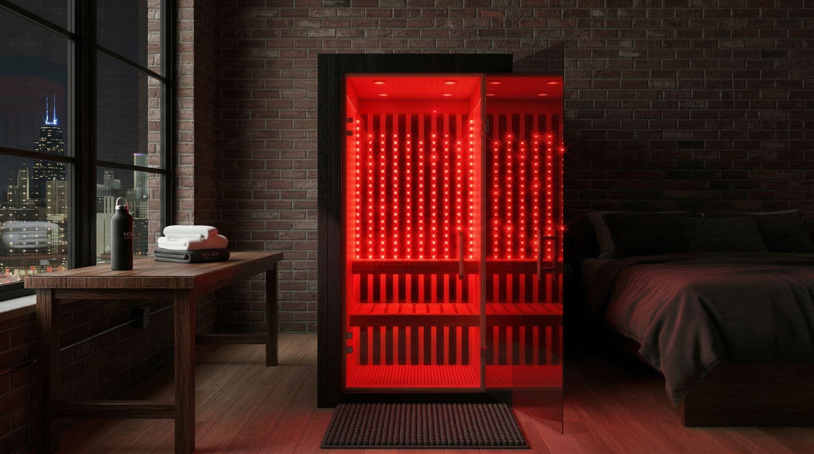 Atlas One red light infrared sauna with cedar seating in a home interior