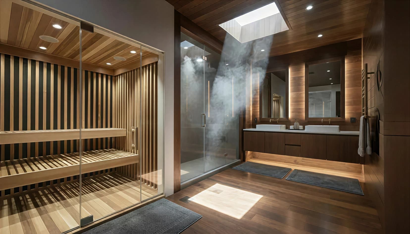 Illustrative Atlas cedar sauna interior overlooking a mountain terrace